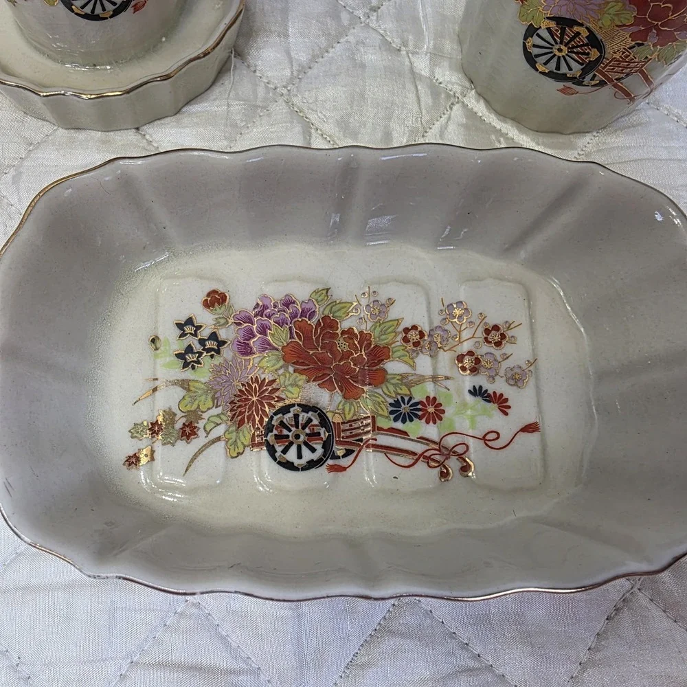 Vintage Porcelain 3 Piece Bathroom Set Japan Cup Toothbrush Holder Soap Dish